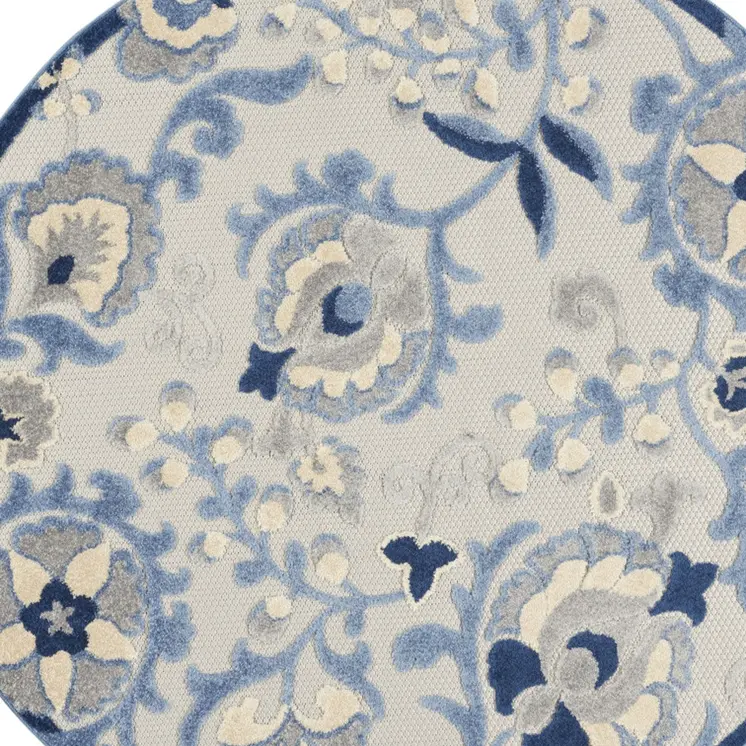 4' Blue And Gray Round Floral Indoor Outdoor Area Rug