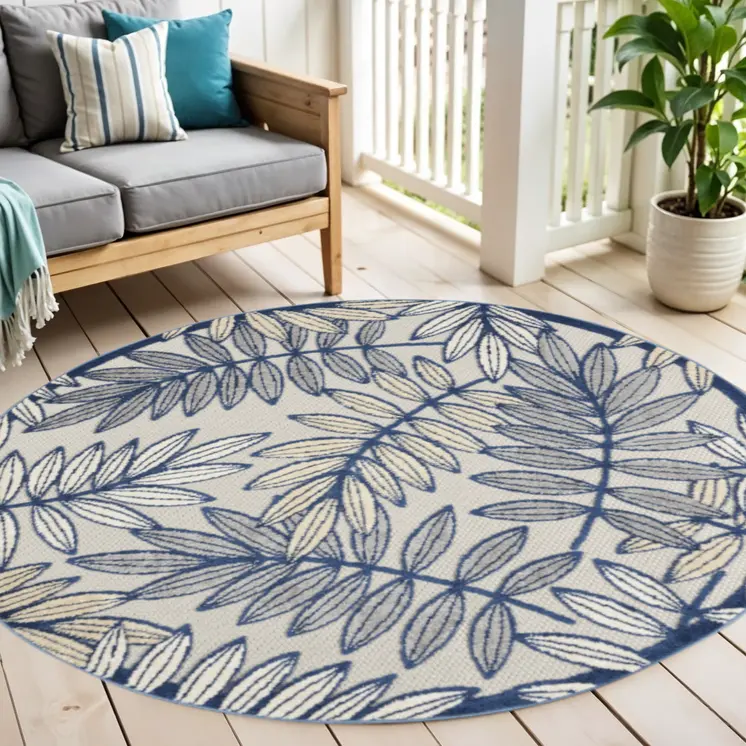 4' Navy Blue And Ivory Round Botanical Leaves Indoor Outdoor Area Rug