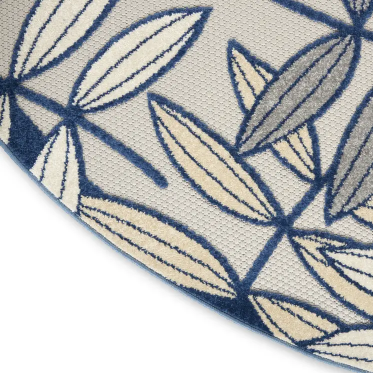 4' Navy Blue And Ivory Round Botanical Leaves Indoor Outdoor Area Rug
