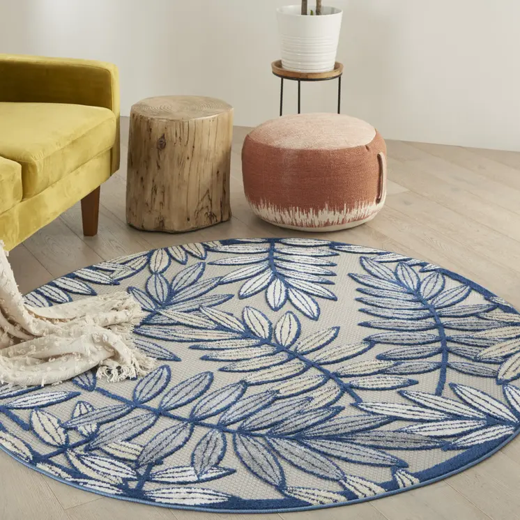 4' Navy Blue And Ivory Round Botanical Leaves Indoor Outdoor Area Rug
