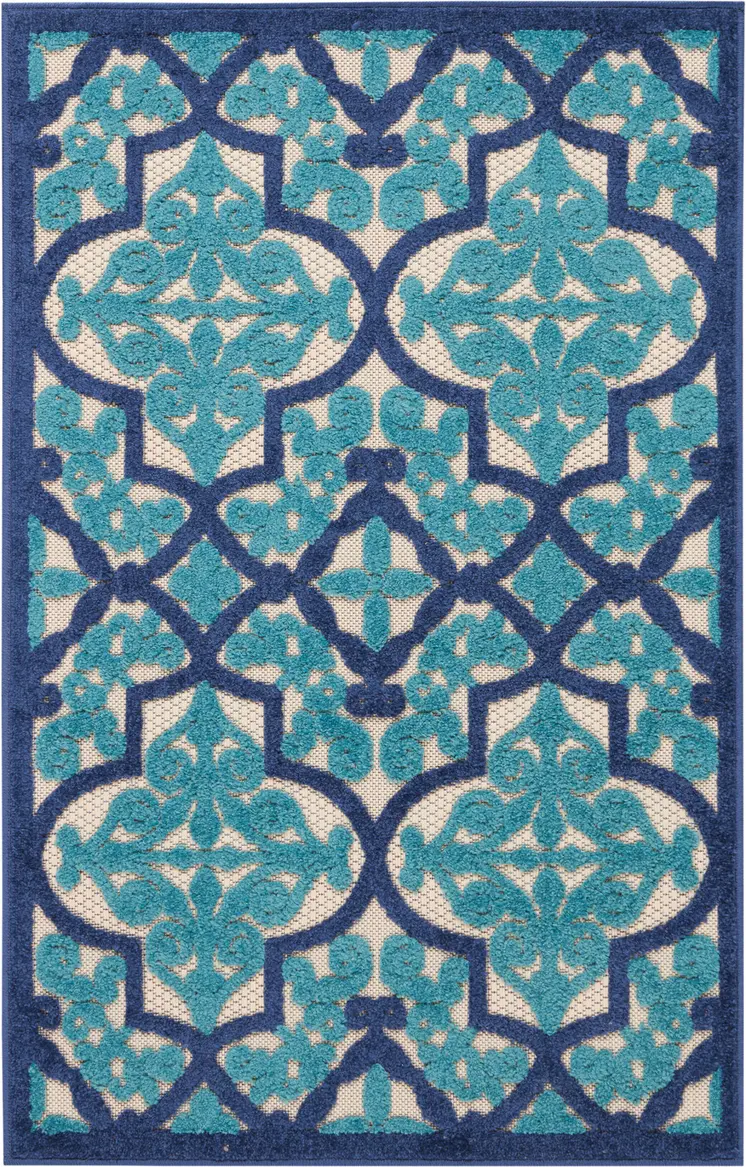 3' X 4' Navy Blue Ivory And Blue Trellis Indoor Outdoor Area Rug