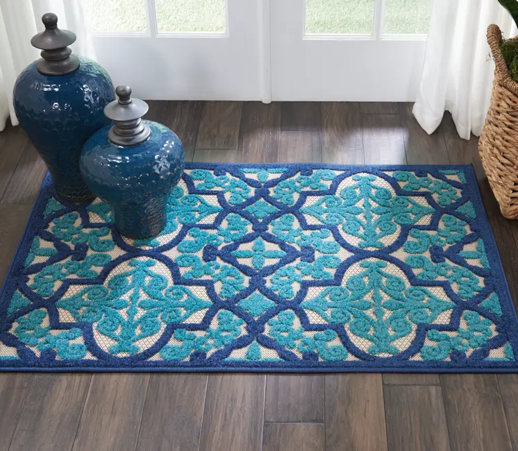 3' X 4' Navy Blue Ivory And Blue Trellis Indoor Outdoor Area Rug