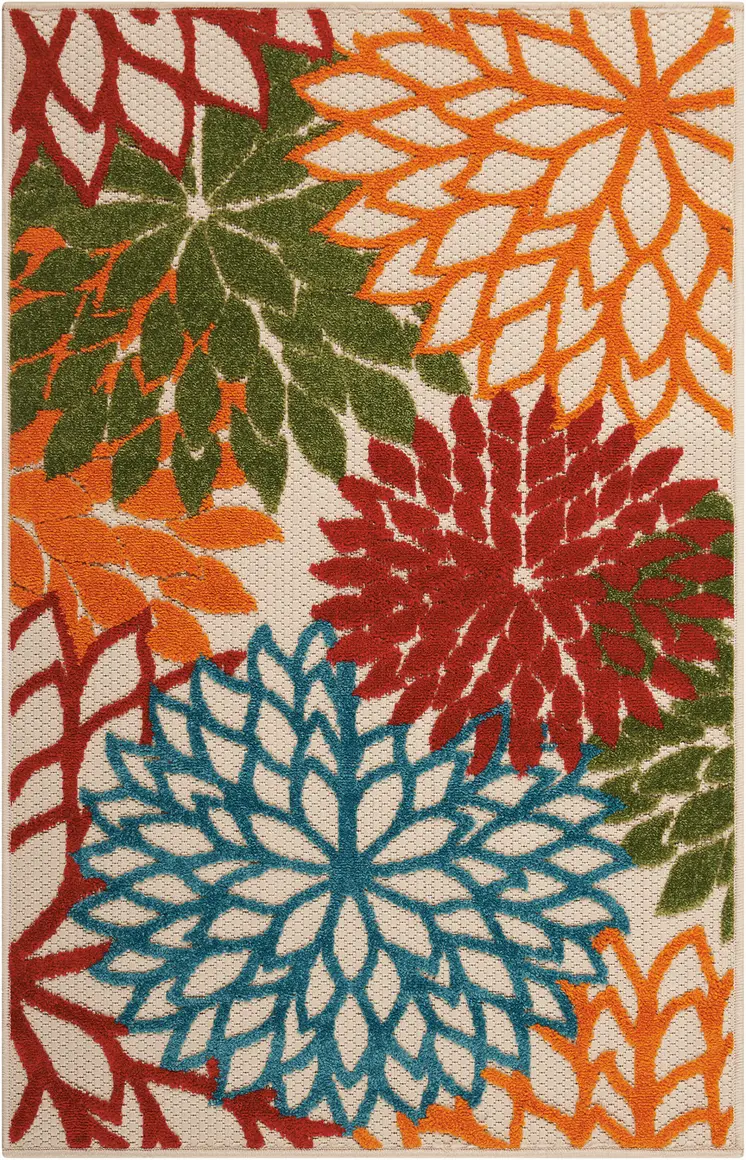 3' X 4' Green Orange And Red Floral Indoor Outdoor Area Rug