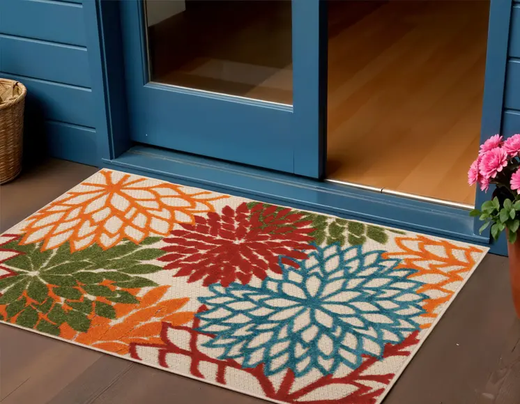 3' X 4' Green Orange And Red Floral Indoor Outdoor Area Rug