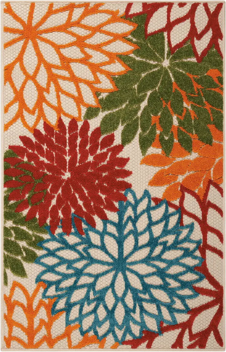 3' X 4' Green Orange And Red Floral Indoor Outdoor Area Rug