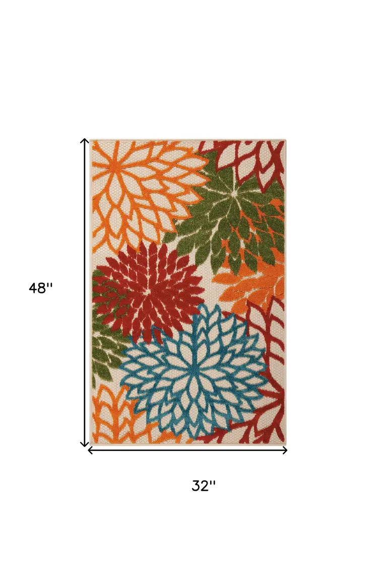 3' X 4' Green Orange And Red Floral Indoor Outdoor Area Rug