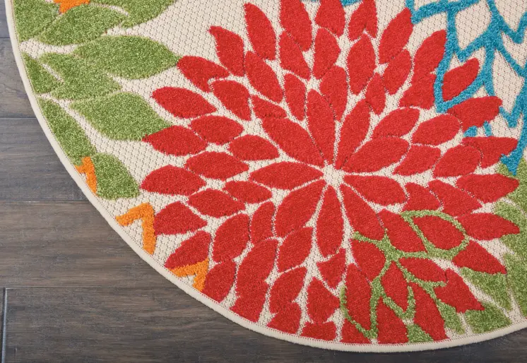 4' Green Orange Red And Blue Round Floral Indoor Outdoor Area Rug