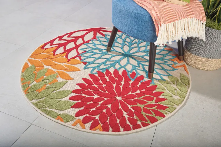 4' Green Orange Red And Blue Round Floral Indoor Outdoor Area Rug