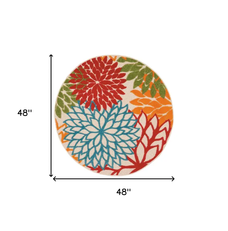 4' Green Orange Red And Blue Round Floral Indoor Outdoor Area Rug