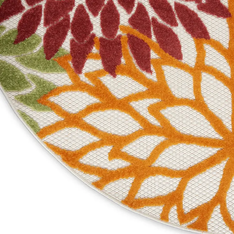 4' Red Green Orange Yellow And Ivory Round Floral Indoor Outdoor Area Rug