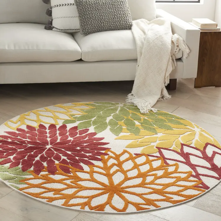 4' Red Green Orange Yellow And Ivory Round Floral Indoor Outdoor Area Rug