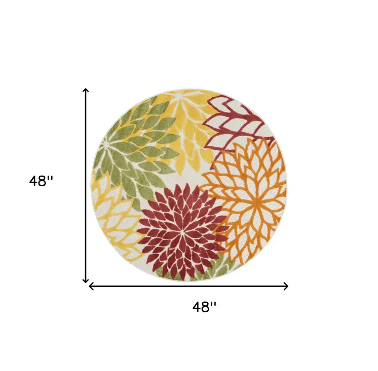 4' Red Green Orange Yellow And Ivory Round Floral Indoor Outdoor Area Rug