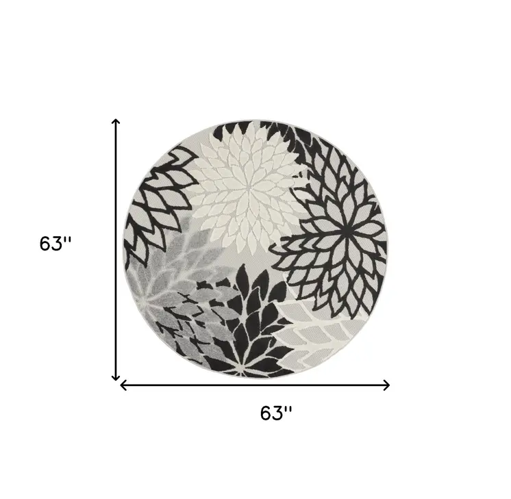 5' Black And White Round Floral Indoor Outdoor Area Rug