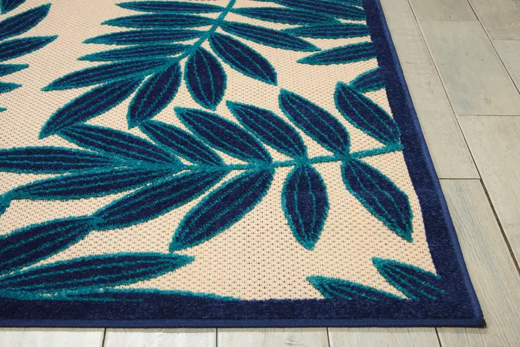 4' X 6' Navy Blue And Beige Palm Leaf Indoor Outdoor Area Rug