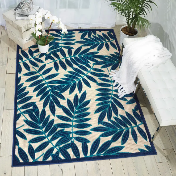 4' X 6' Navy Blue And Beige Palm Leaf Indoor Outdoor Area Rug