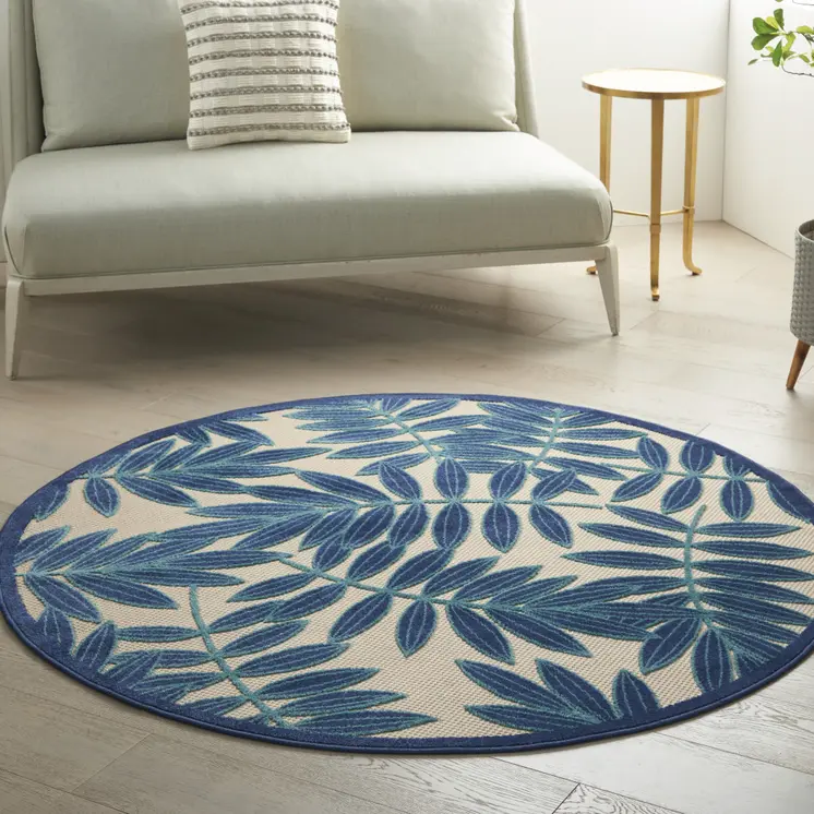 5' Navy Blue And Beige Round Palm Leaf Indoor Outdoor Area Rug