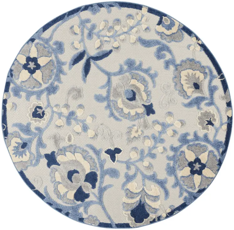5' Blue And Gray Round Floral Indoor Outdoor Area Rug