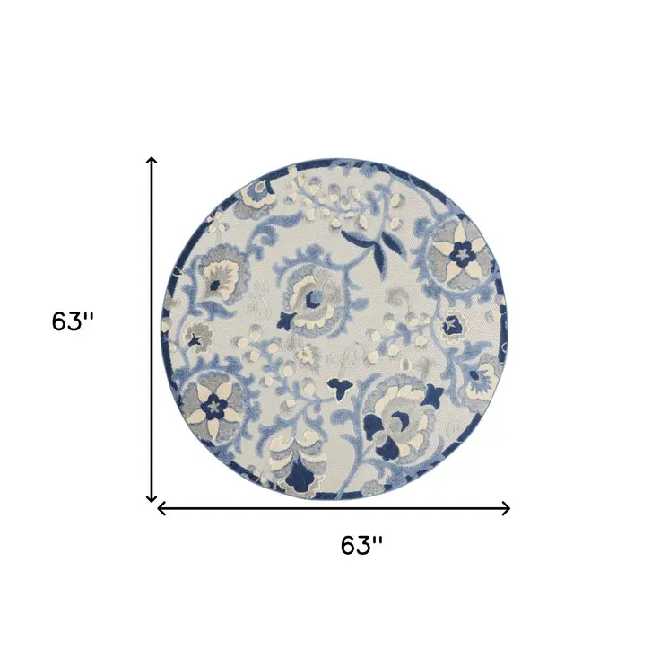 5' Blue And Gray Round Floral Indoor Outdoor Area Rug