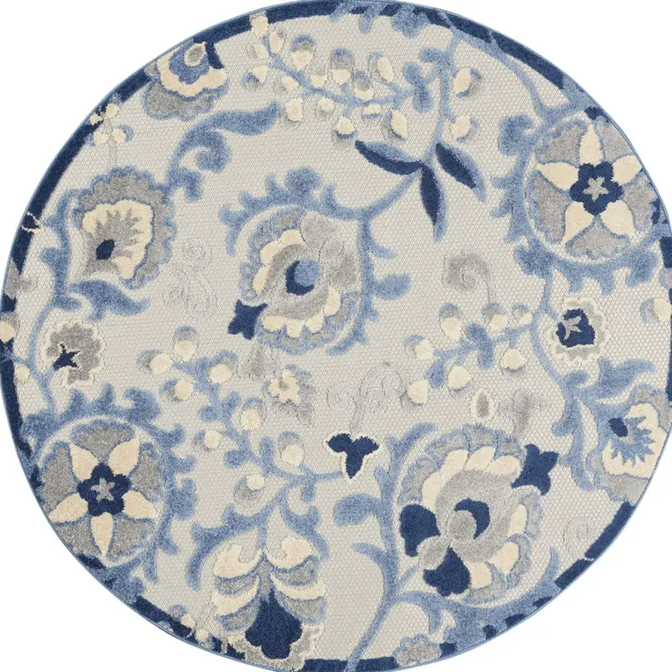 5' Blue And Gray Round Floral Indoor Outdoor Area Rug