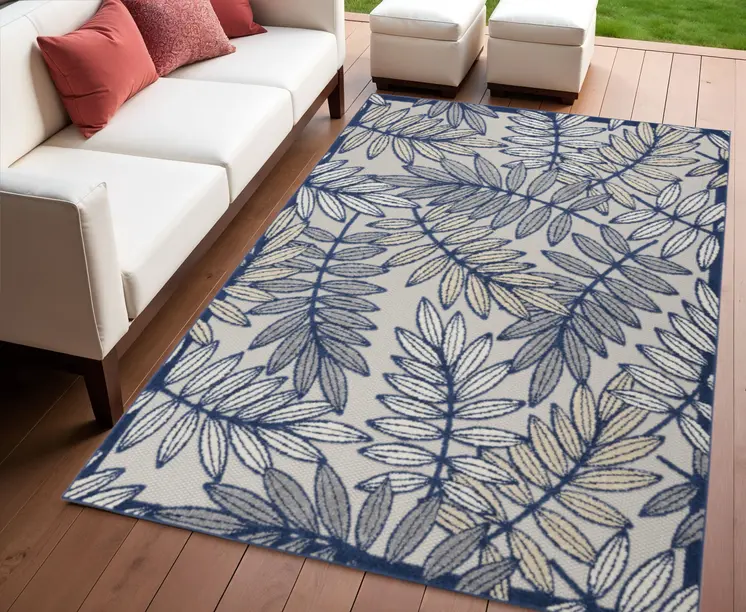 4' X 6' Navy Blue And Ivory Botanical Leaves Indoor Outdoor Area Rug