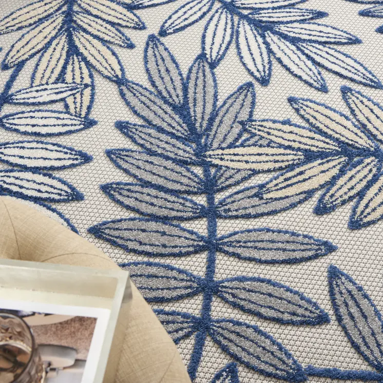 4' X 6' Navy Blue And Ivory Botanical Leaves Indoor Outdoor Area Rug