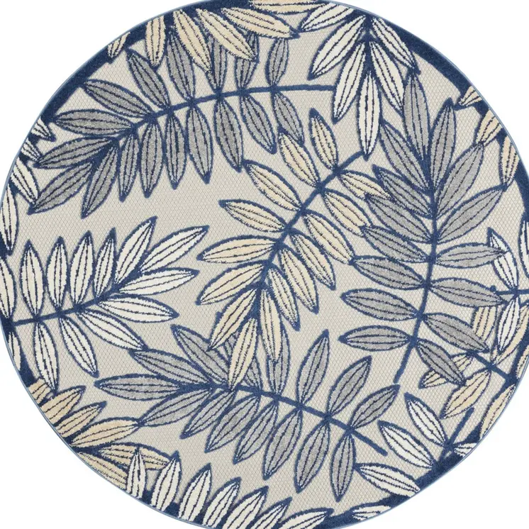 5' Navy Blue And Ivory Round Botanical Leaves Indoor Outdoor Area Rug