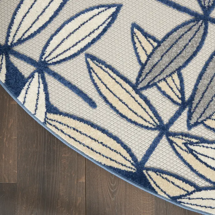5' Navy Blue And Ivory Round Botanical Leaves Indoor Outdoor Area Rug