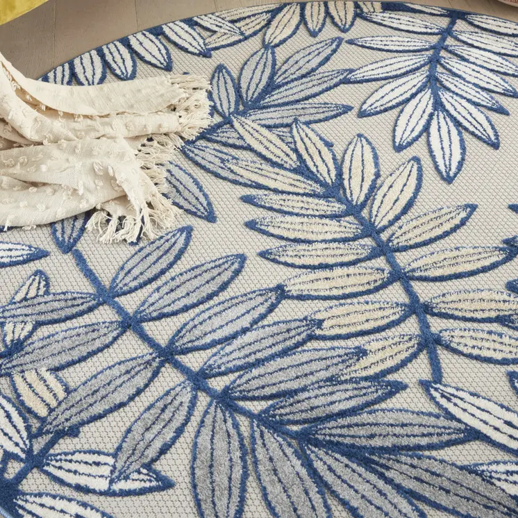 5' Navy Blue And Ivory Round Botanical Leaves Indoor Outdoor Area Rug