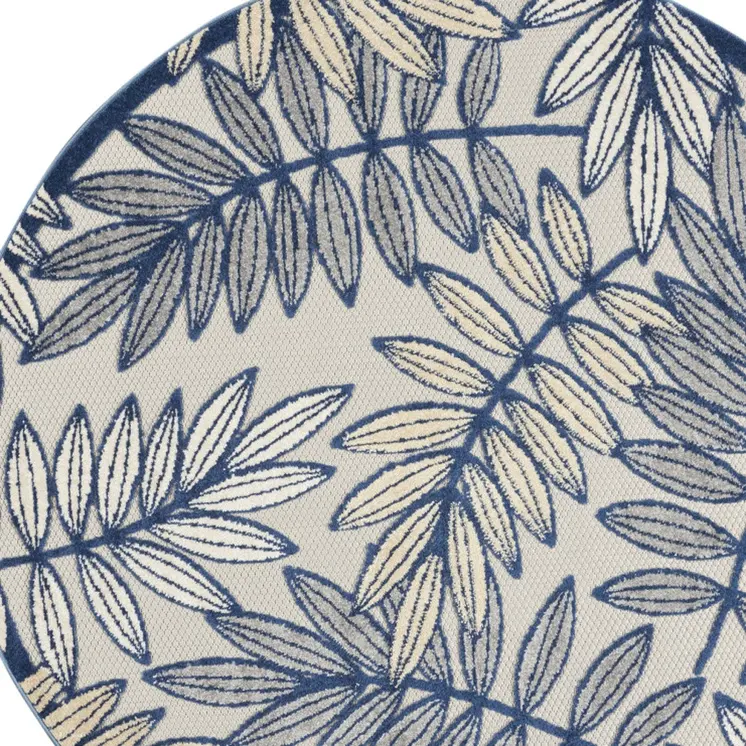 5' Navy Blue And Ivory Round Botanical Leaves Indoor Outdoor Area Rug