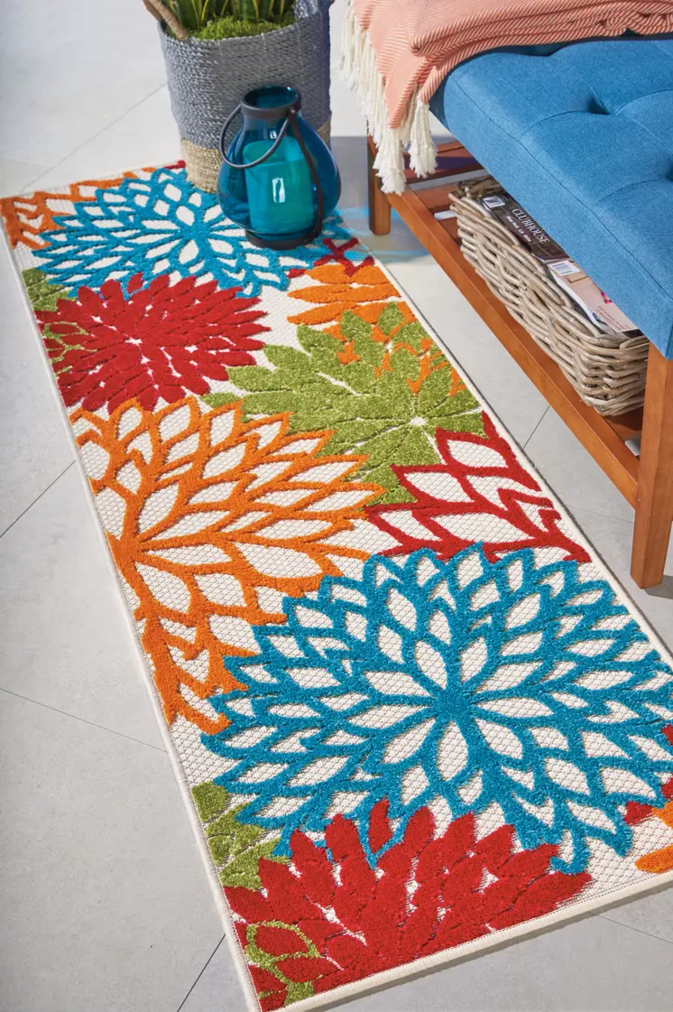 6' Orange Red Green And Blue Floral Indoor Outdoor Runner Rug
