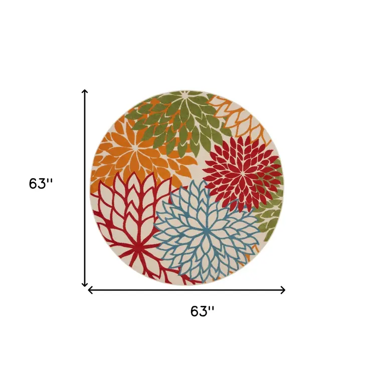 5' Orange Red Green And Blue Round Floral Indoor Outdoor Area Rug