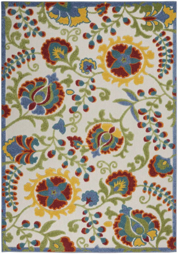 4' X 6' Ivory Red Green Blue And Yellow Floral Indoor Outdoor Area Rug