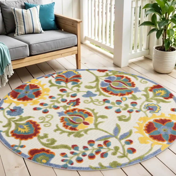 5' Ivory Red Green Blue And Yellow Round Floral Indoor Outdoor Area Rug