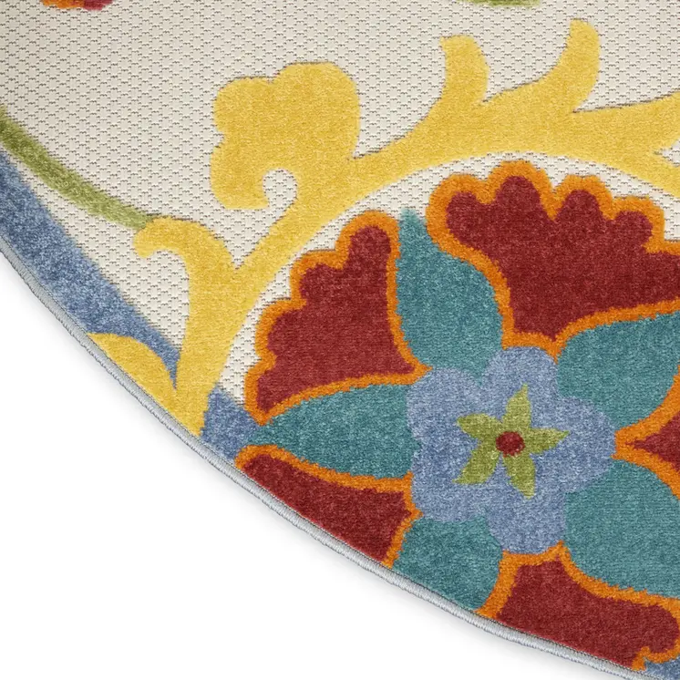 5' Ivory Red Green Blue And Yellow Round Floral Indoor Outdoor Area Rug