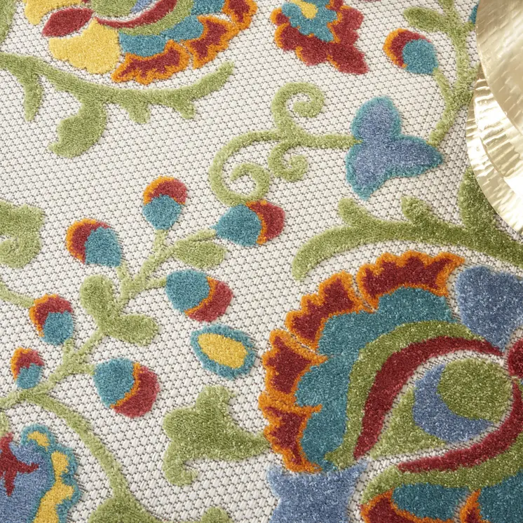 5' Ivory Red Green Blue And Yellow Round Floral Indoor Outdoor Area Rug