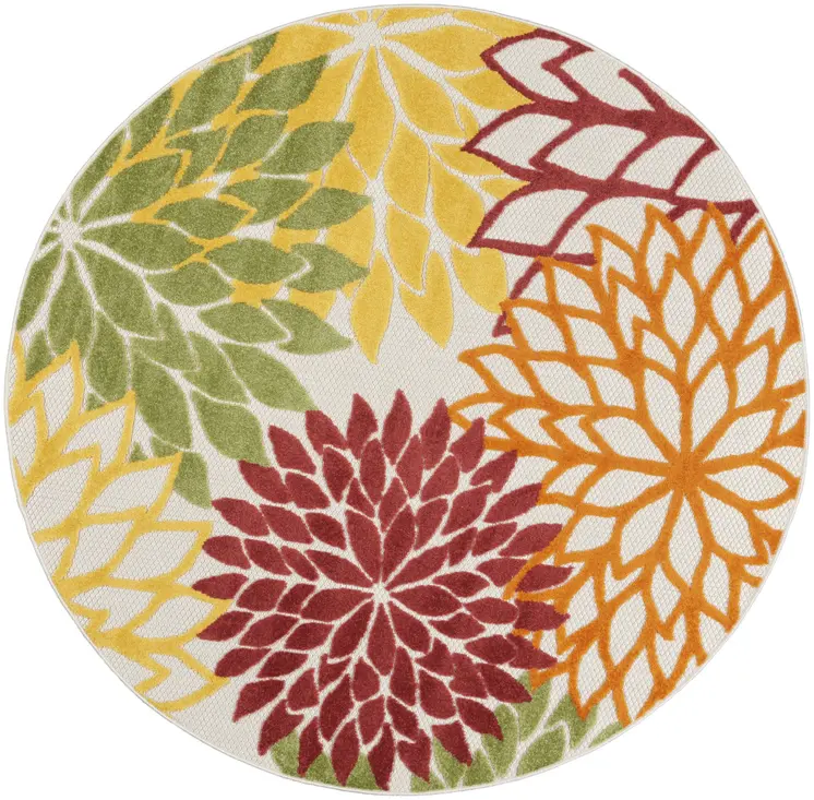 5' Red Yellow Green Orange And Ivory Round Floral Indoor Outdoor Area Rug