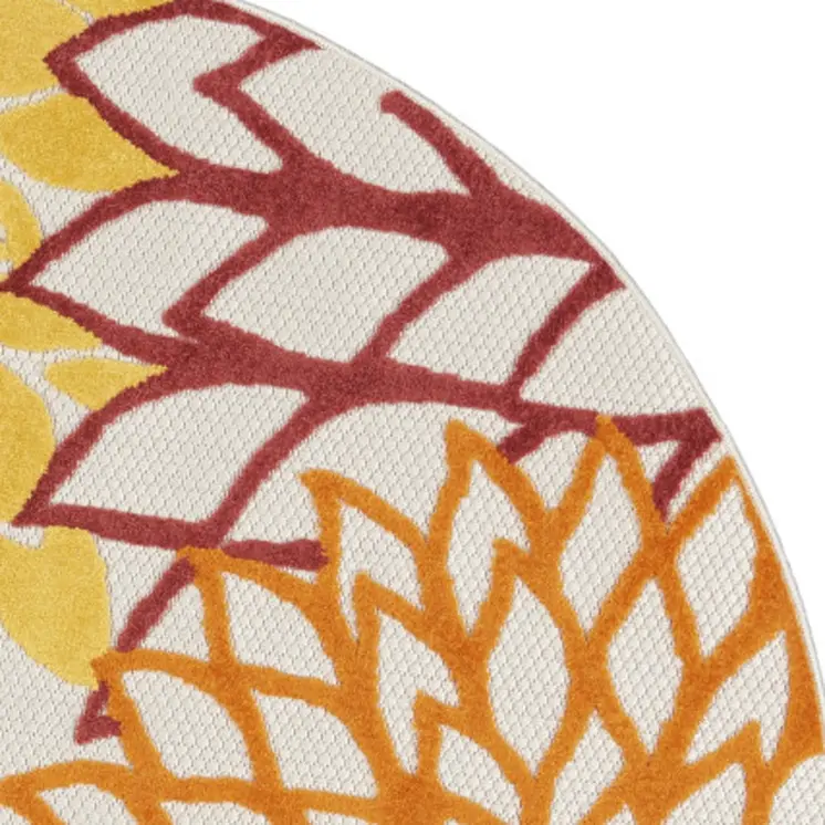 5' Red Yellow Green Orange And Ivory Round Floral Indoor Outdoor Area Rug