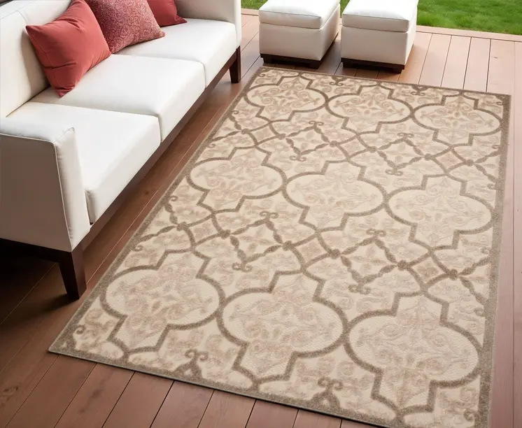 4' X 6' Cream Beige And Brown Trellis Indoor Outdoor Area Rug