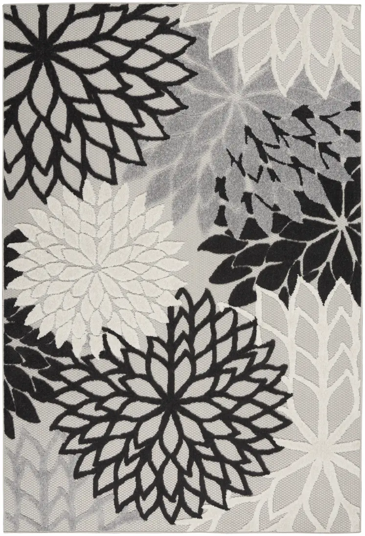 5' X 8' Black And White Floral Indoor Outdoor Area Rug
