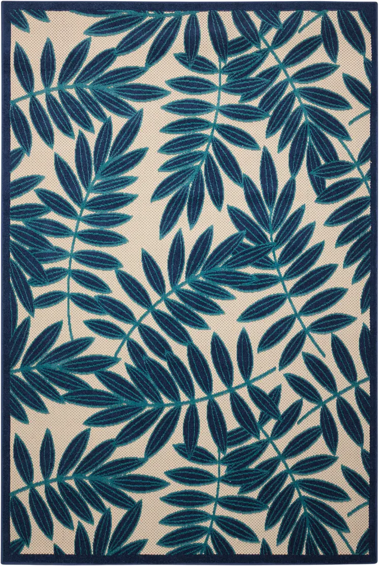 5' X 8' Navy Blue And Ivory Palm Leaf Indoor Outdoor Area Rug