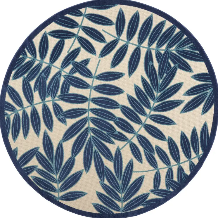 8' Navy Blue And Ivory Round Botanical Leaves Indoor Outdoor Area Rug