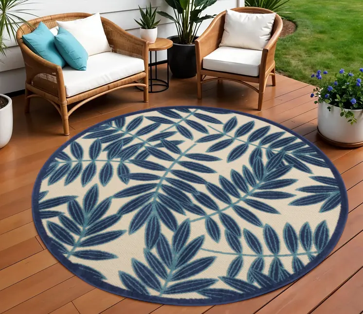 8' Navy Blue And Ivory Round Botanical Leaves Indoor Outdoor Area Rug