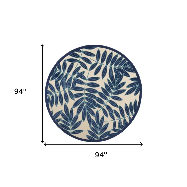 8' Navy Blue And Ivory Round Botanical Leaves Indoor Outdoor Area Rug