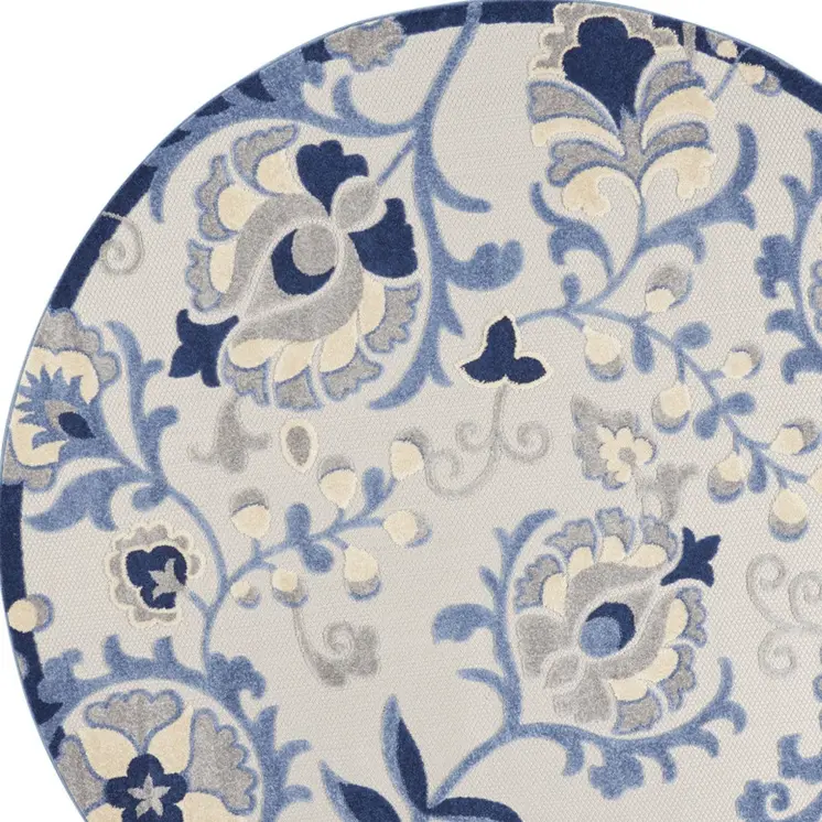 8' Blue And Gray Round Floral Indoor Outdoor Area Rug