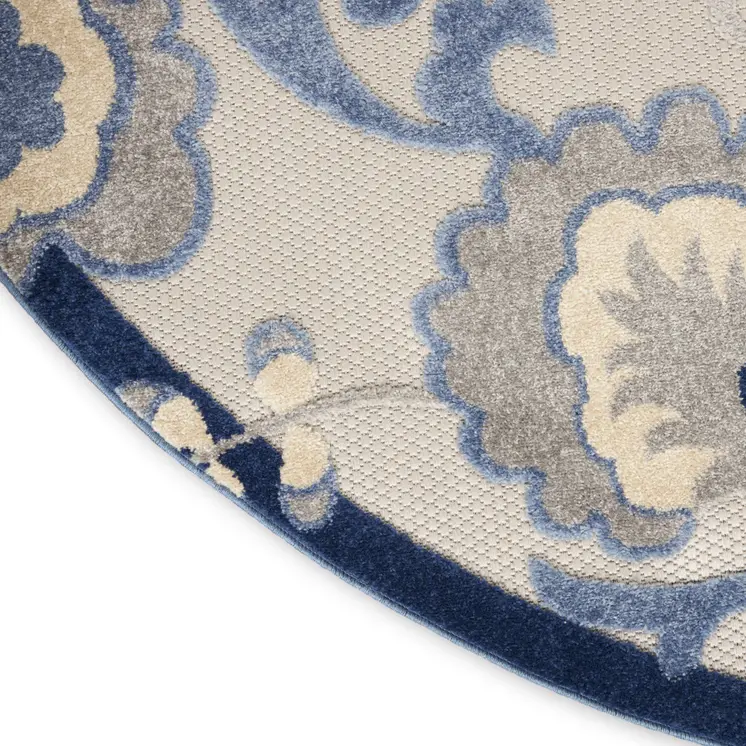 8' Blue And Gray Round Floral Indoor Outdoor Area Rug