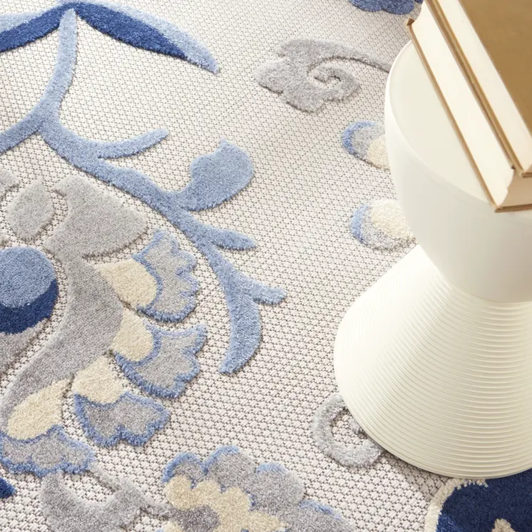 8' Blue And Gray Round Floral Indoor Outdoor Area Rug