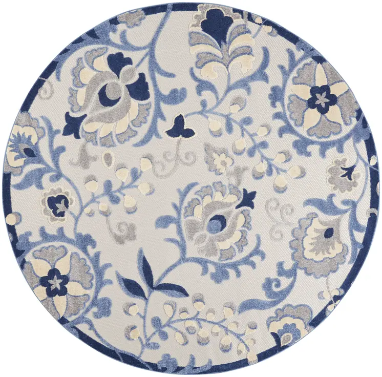 8' Blue And Gray Round Floral Indoor Outdoor Area Rug