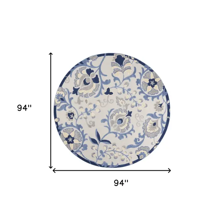 8' Blue And Gray Round Floral Indoor Outdoor Area Rug