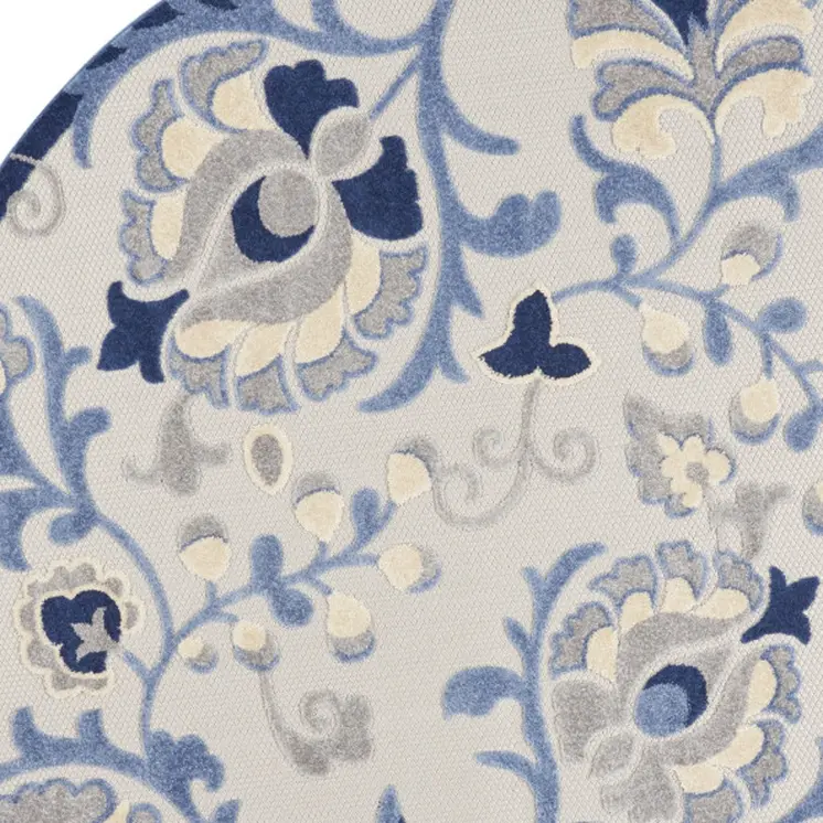 8' Blue And Gray Round Floral Indoor Outdoor Area Rug