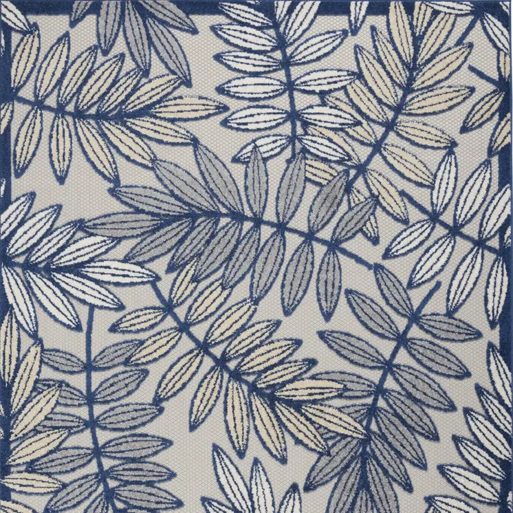 5' X 8' Navy Blue And Ivory Botanical Leaves Indoor Outdoor Area Rug